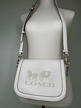 Coach White Pebbled Leather Logo Saddle Crossbody